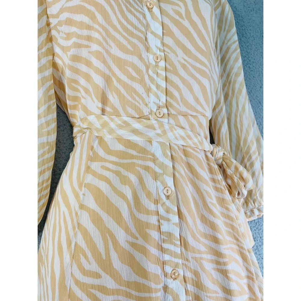 Harlow & Rose Beige Zebra Print Belted Collared‎ Midi Shirt Dress Women’s Size S